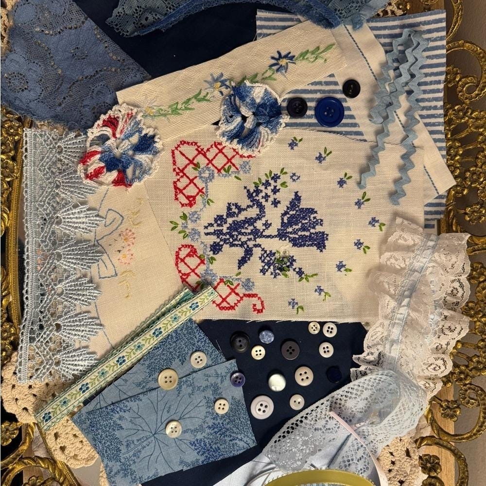 Blue Kit 35+ Vintage Embroidered‎ Linens Lace Button Junk Journal vintage